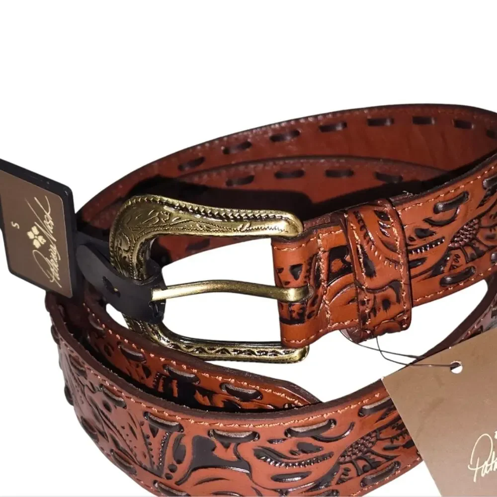 Patricia Nash Amelia Tan‎ Tooled Leather Whipstitch Western Belt Small NWT